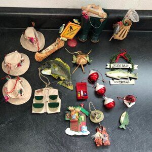 16pc Fly Fishing Christmas Ornament Set Waders Hat Vest Man Cave Tree Outdoors